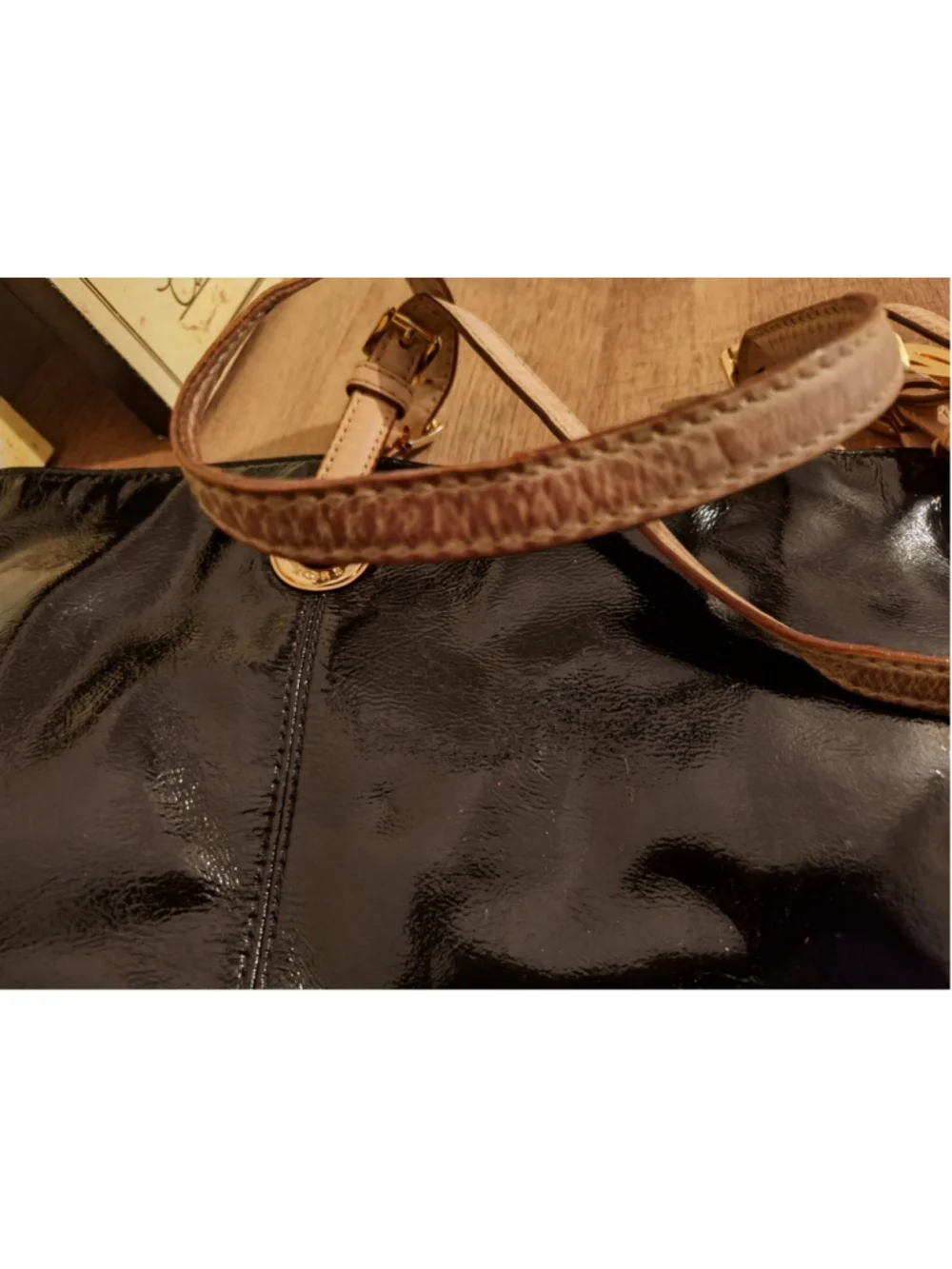 MICHAEL KORS Black MK Logo Monogrammed Patent Leather Tote Purse Handbag Medium